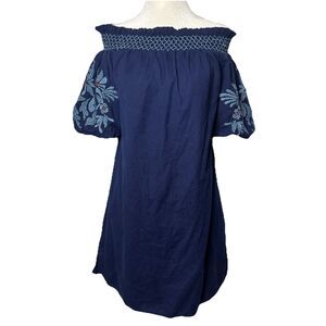Cottagecore Mini Dress size L Off Shoulder Puff Sleeve Smocked Embroidered Flora